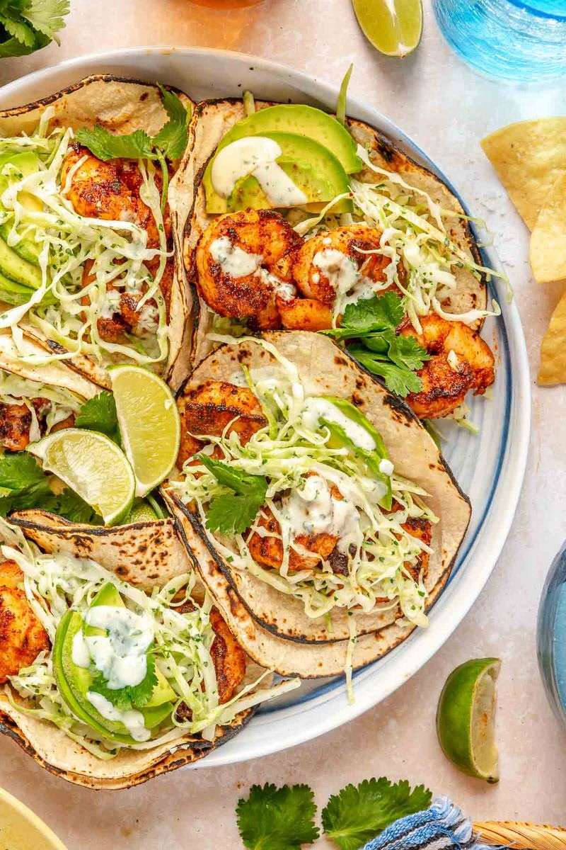 Shrimp Tacos with Slaw and Lime Crema