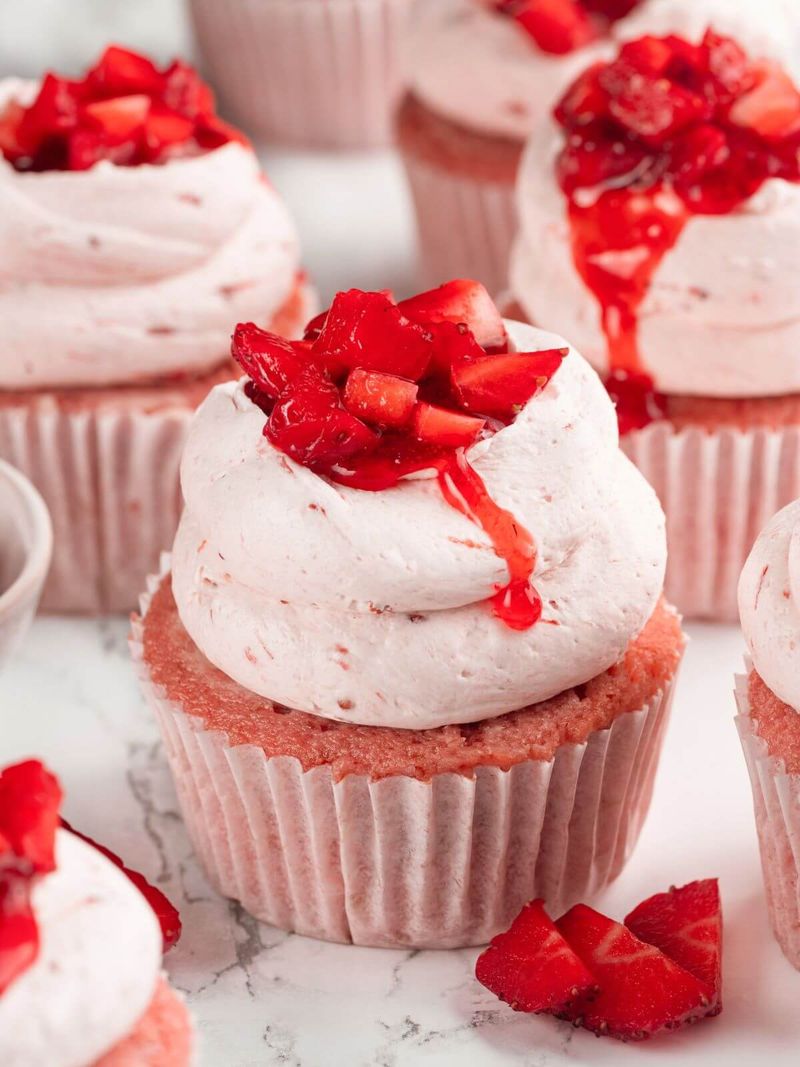 Strawberry Cupcakes with Macerated Strawberries and Peanut Brittle