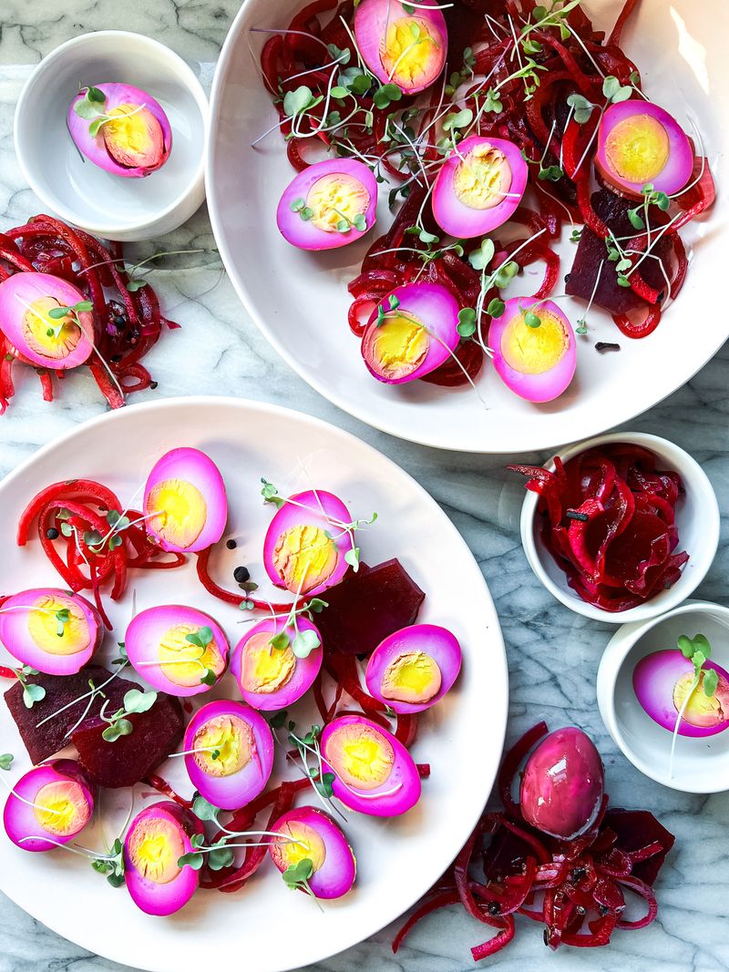 Beet-Cured Quail Eggs with Foam