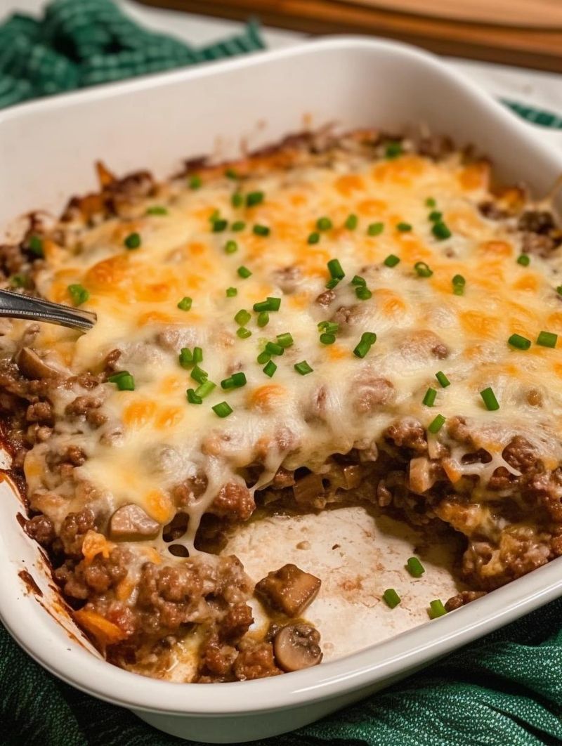 Mushroom and Swiss Ground Beef Bake