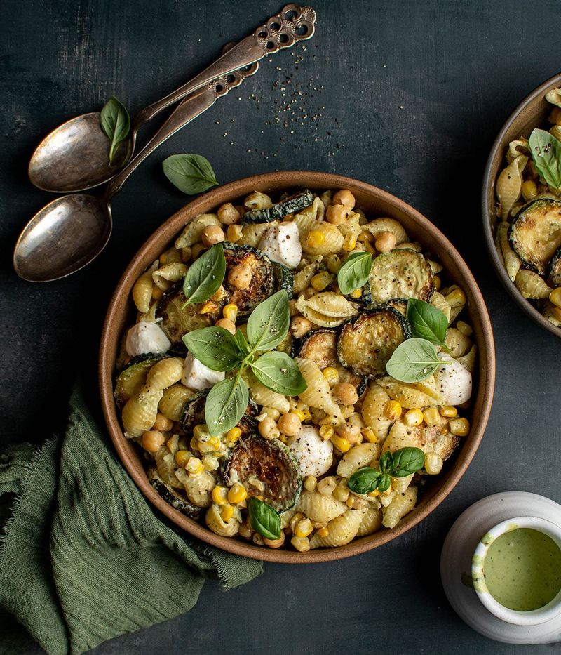 Spring Veggie Pasta Salad with Grilled Corn and Peas