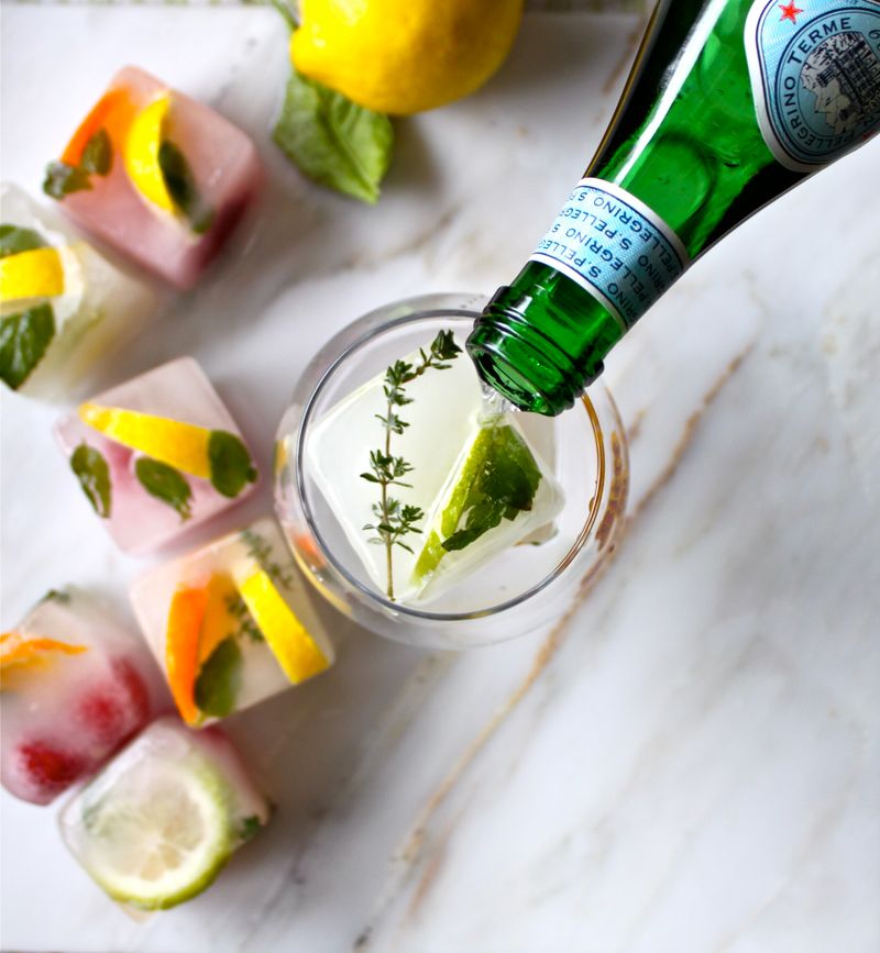 Homemade Fruit-Infused Ice Cubes in Sparkling Water