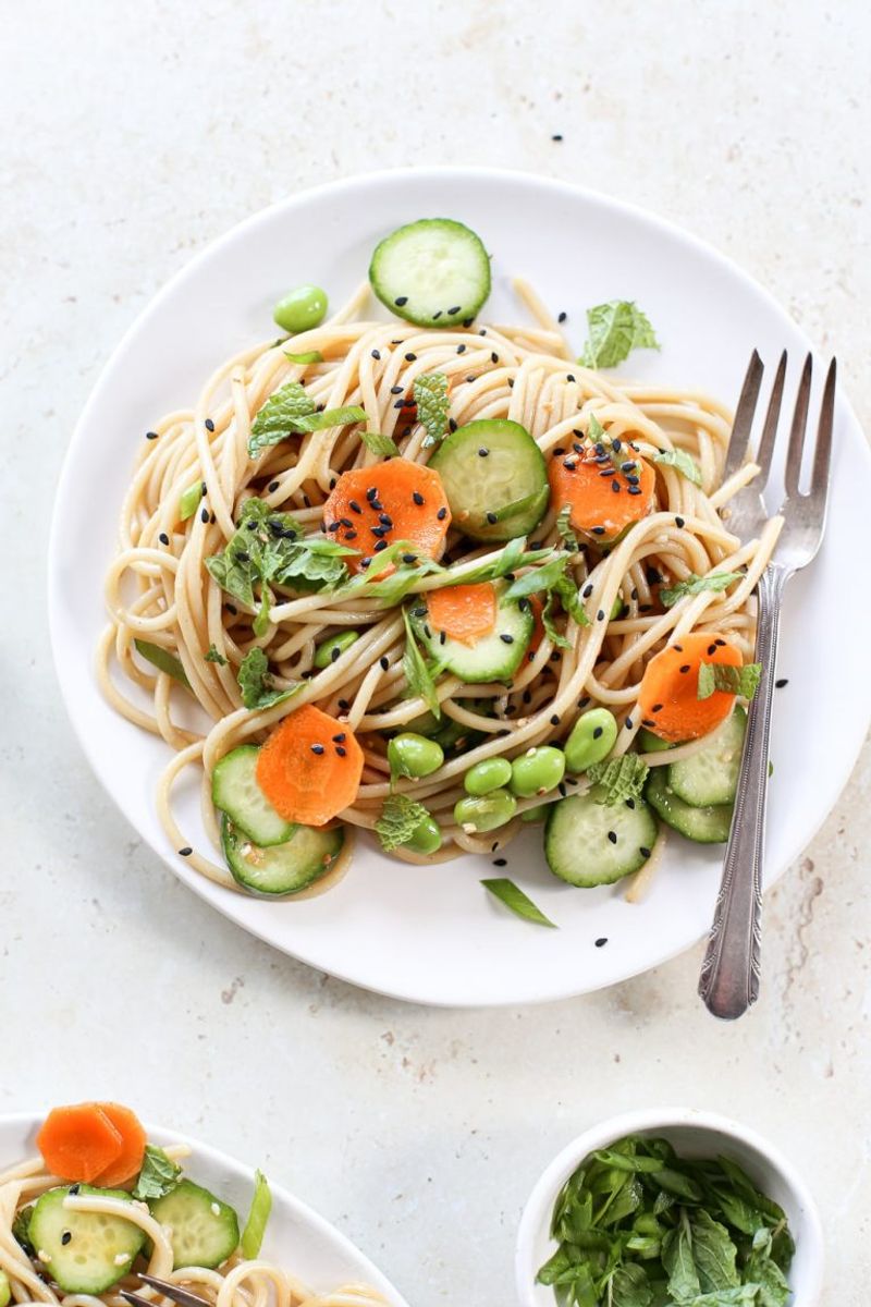 Brown Rice Pasta with Cucumber, Mint & Edamame