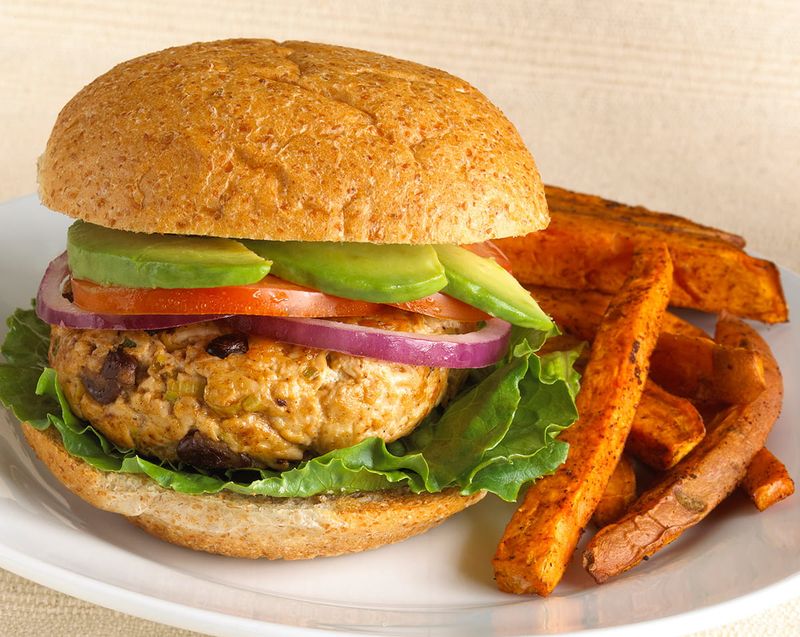 Turkey Burger on Whole Grain Bun with Sweet Potato Fries