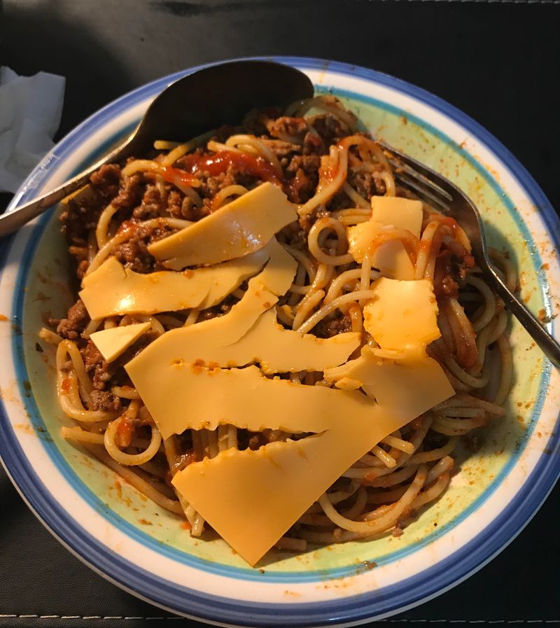 Spaghetti with American Cheese Melted In