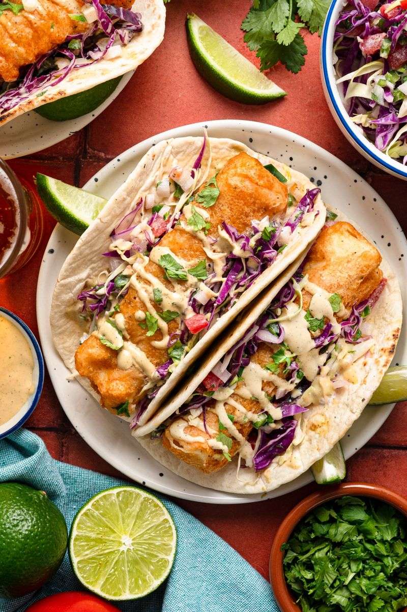 Fish Tacos with Slaw and Lime Crema