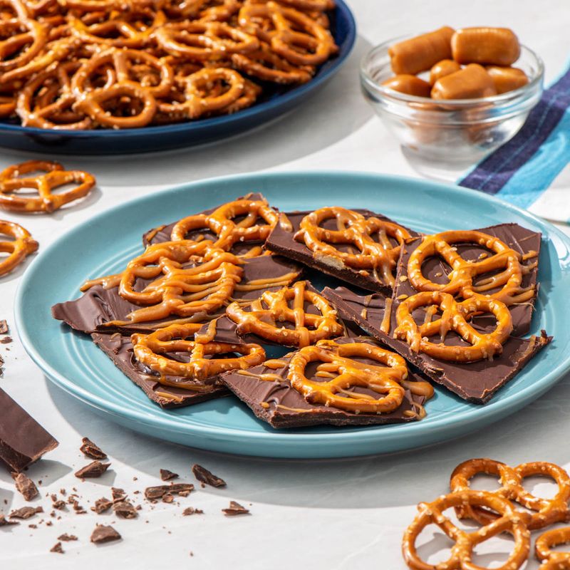 Sweet and Salty Pretzel Bark with Caramel Drizzle