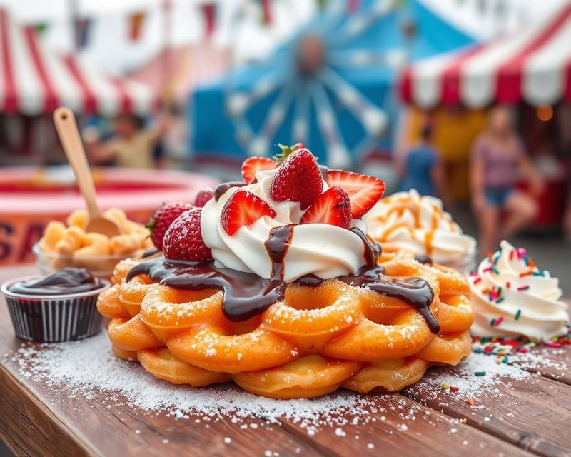 Funnel Cake Stacked with Candy and Whipped Cream
