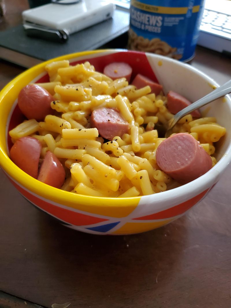 Microwaved Mac and Cheese with Soggy Hot Dogs