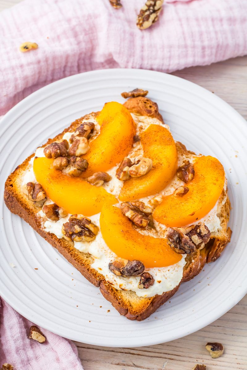 Cottage Cheese Bowl with Sliced Peaches and Walnuts