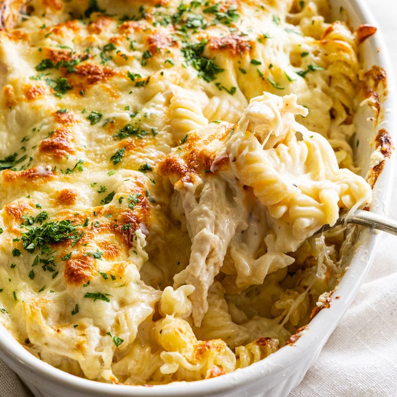 Dump-and-Bake Chicken Alfredo Pasta
