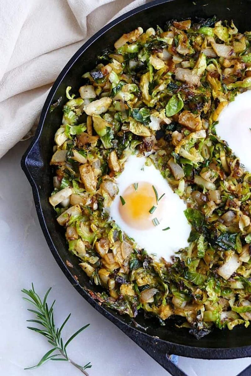 Brussels Sprout Hash with Potatoes and Fried Egg