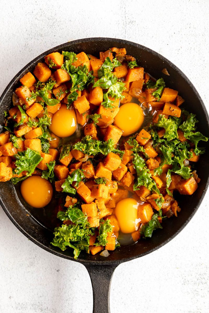 Scrambled Eggs with Sweet Potato and Kale