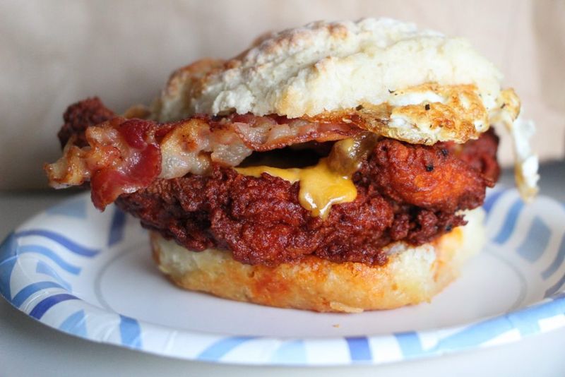 Tennessee – Nashville Hot Chicken, Pickles, Egg, and Ranch on a Biscuit