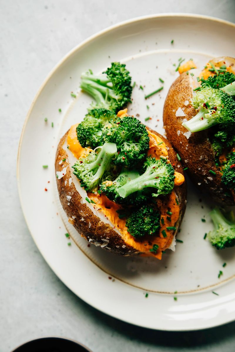 Baked Potato with Steamed Broccoli and Olive Oil Drizzle