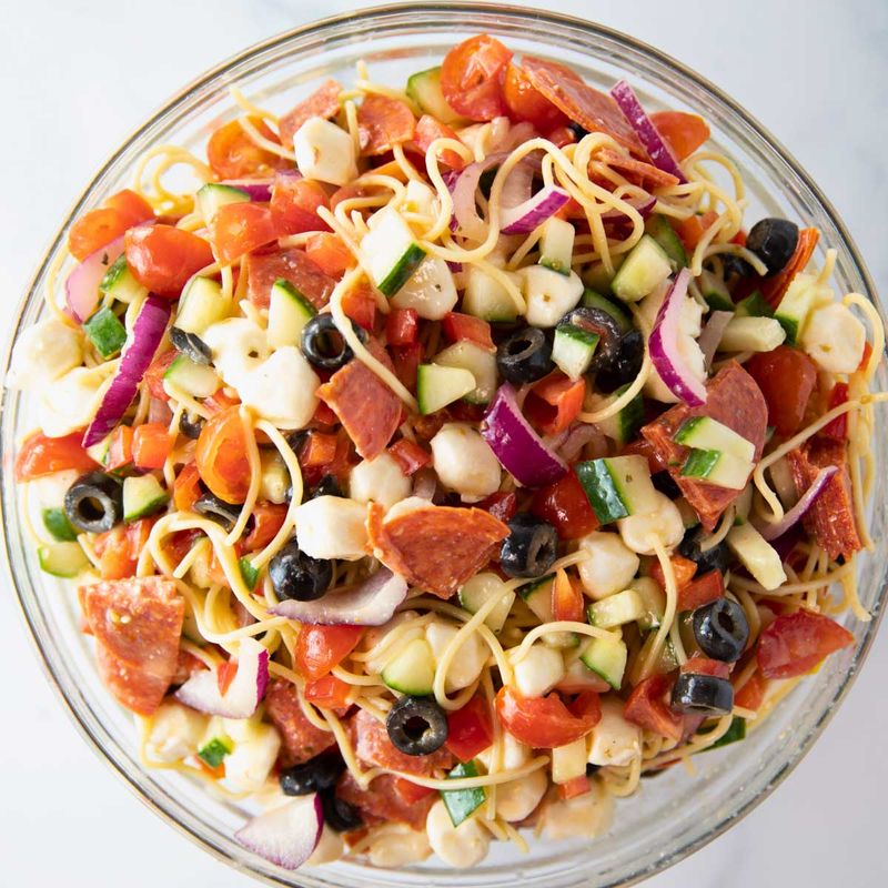 Spaghetti Pasta Salad with Chunks of Cheese