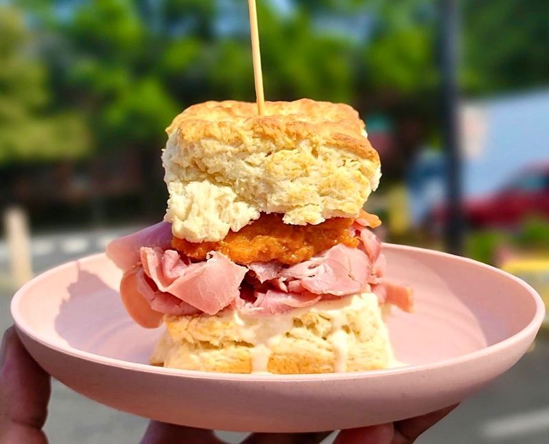 Virginia – Biscuit Sandwich with Smithfield Ham, Egg, and Honey Butter