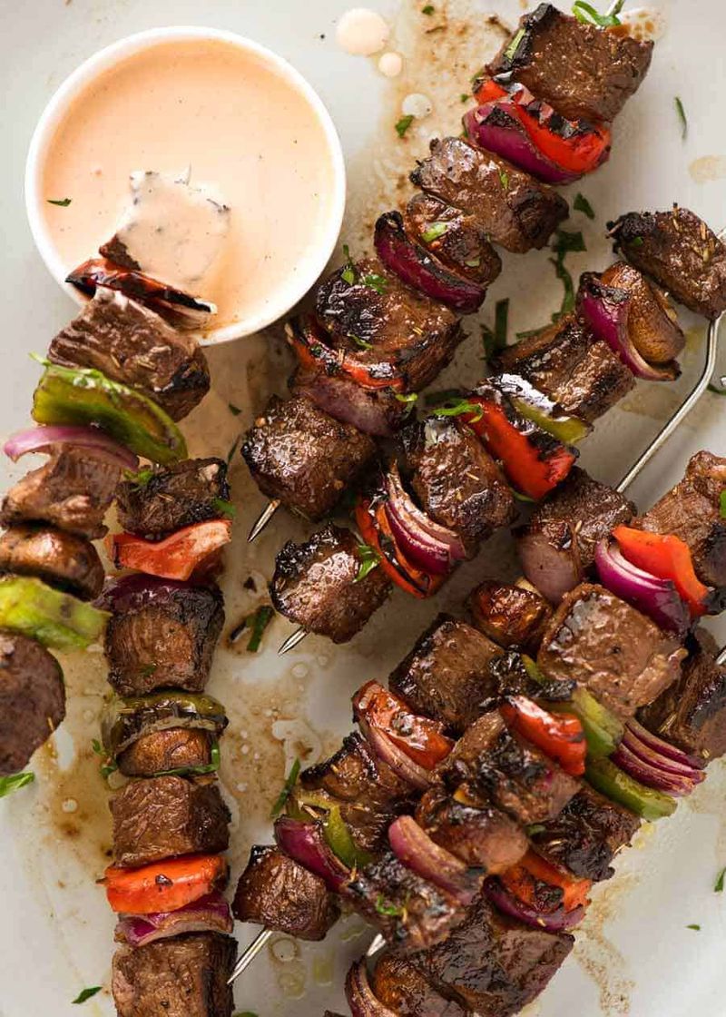 Beef Tenderloin Kabobs with Red Onion and Mushrooms