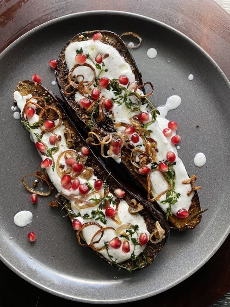 Yotam Ottolenghi – Roasted Eggplant with Yogurt and Pomegranate