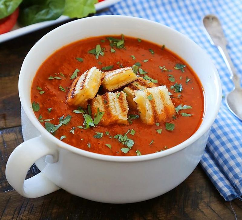 Tomato Soup with Grilled Cheese Croutons