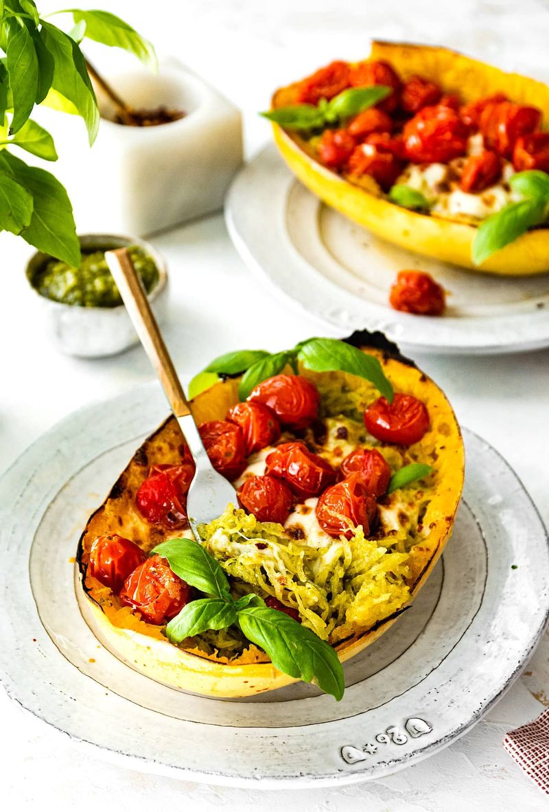 Spaghetti Squash with Pesto & Cherry Tomatoes
