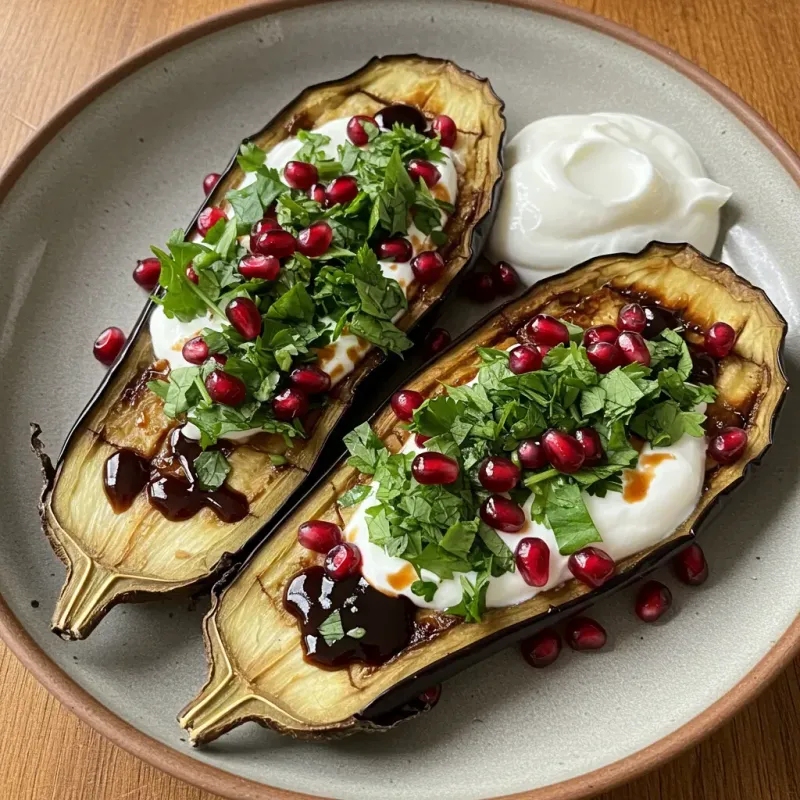 Roast Eggplant with Pomegranate & Yogurt Drizzle
