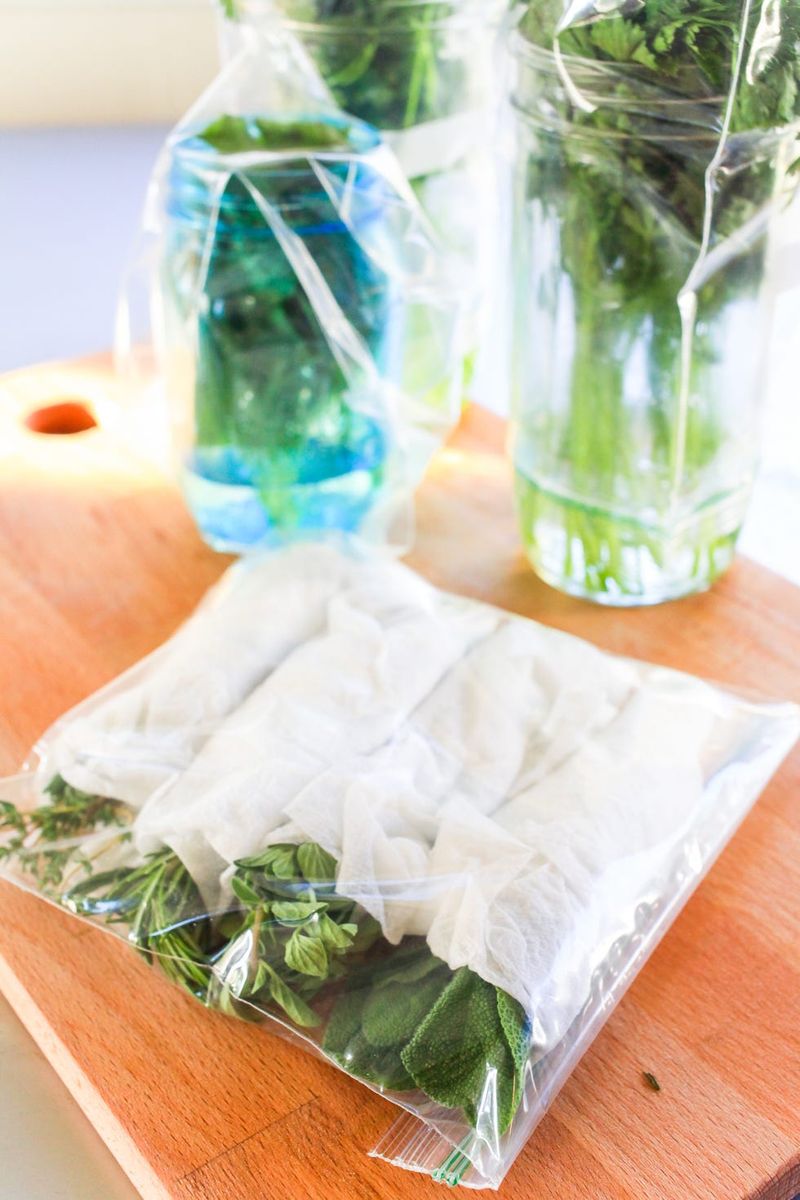 Store herbs with a damp paper towel in a zip-top bag