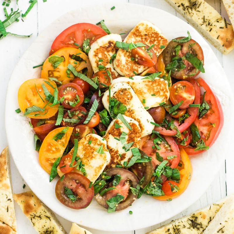 Grilled Halloumi With Tomatoes and Basil