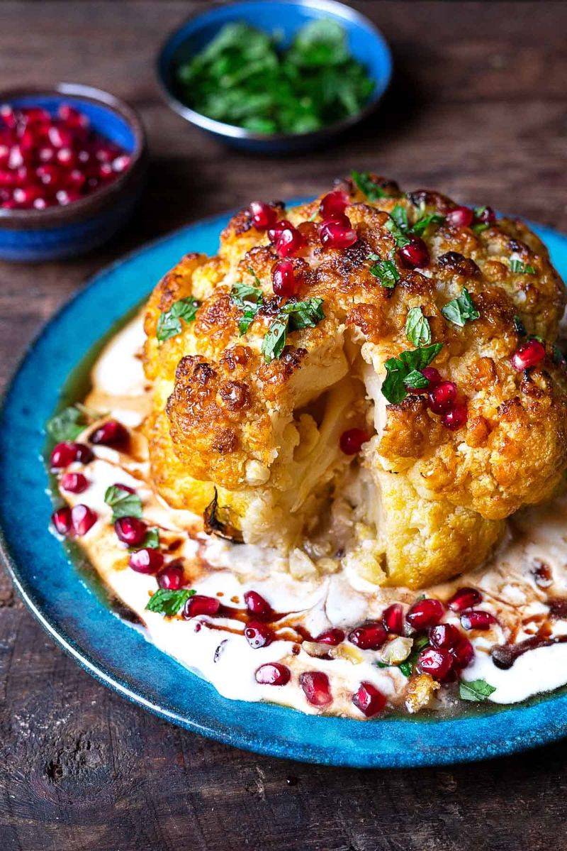Whole Roasted Cauliflower with Garlic Tahini Sauce