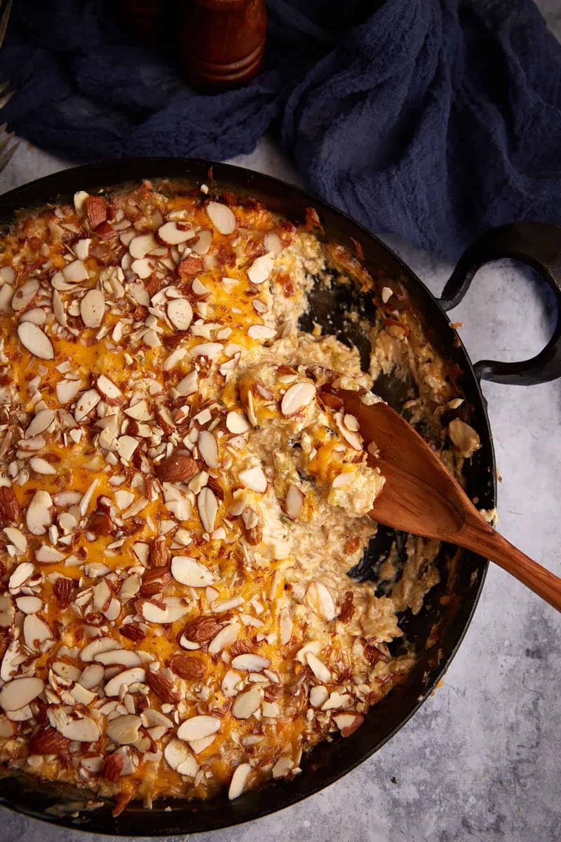 Top casseroles with crushed whole grain crackers or nuts instead of fried onions