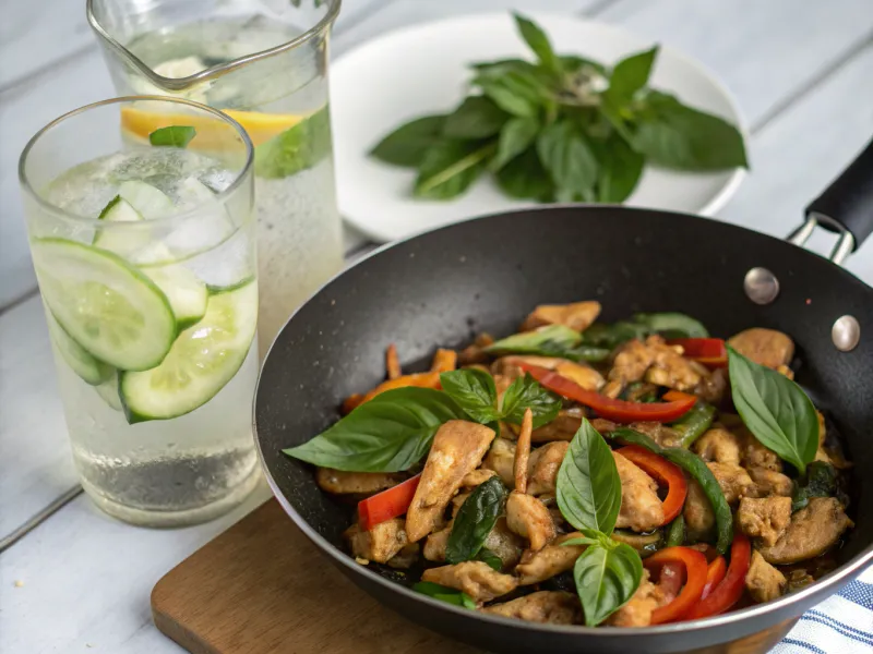 Thai Basil Chicken with Cucumber Lime Water