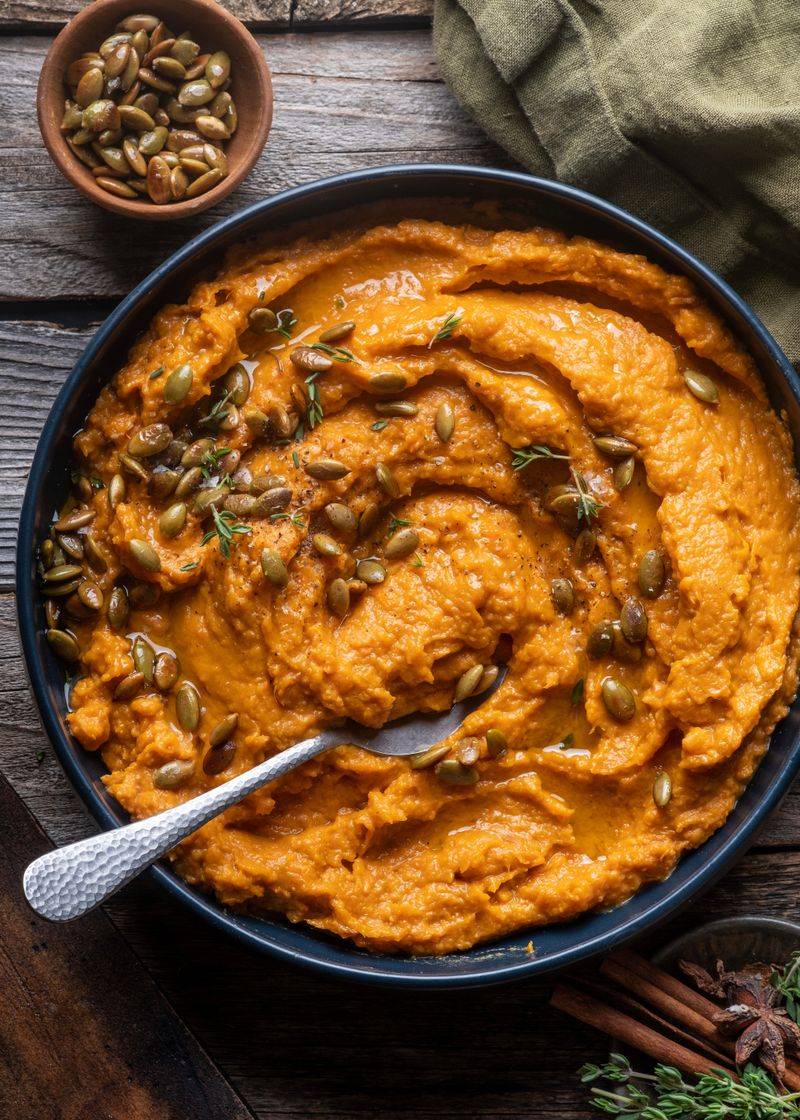 Mashed Sweet Potato + Tahini + Pumpkin Seeds