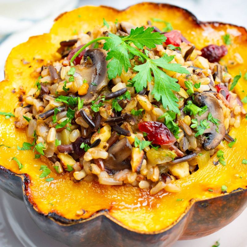 Baked Acorn Squash Stuffed with Wild Rice and Cranberries