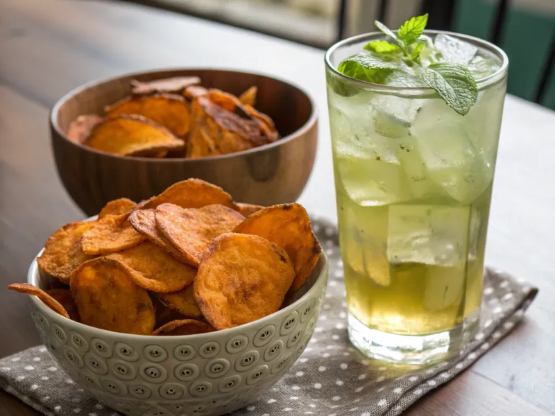Baked Sweet Potato Chips with Iced Green Tea