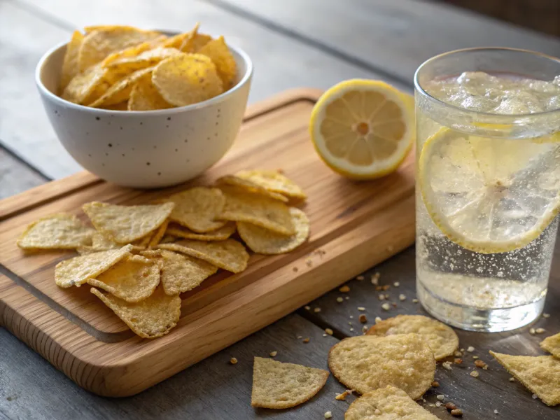 Popped Quinoa Chips with Sparkling Lemon Water