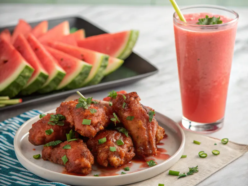 Watermelon Juice and Spicy Chicken Wings